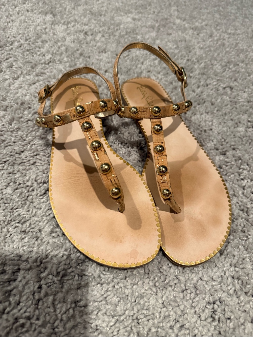 Lily Pulitzer Studded Tan Leather T-Strap Sandals